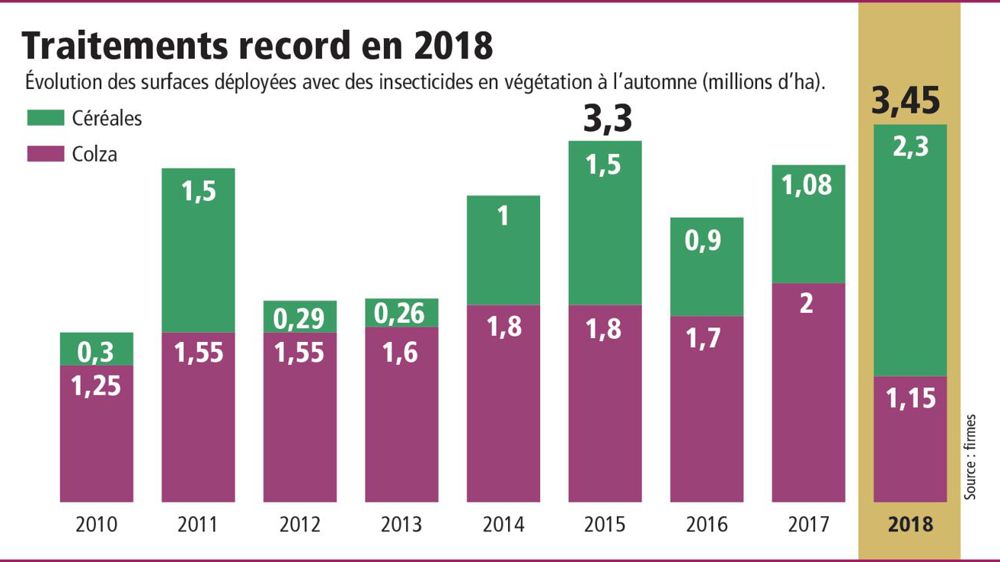 En céréales, les hectares déployés ont progressé de plus de 50 % à l’automne 2018, passant à 2,3 Mha. Les observateurs estiment que 35 % des céréales d’automne ont reçu un traitement insecticide, contre 15 % à l’automne 2017. La marge de progression reste encore importante. En colza, les hectares traités déployés auraient diminué autour de 1,15 Mha, soit une baisse de 30 % liée à la baisse de la sole de colza, estimée à 1,1 Mha.